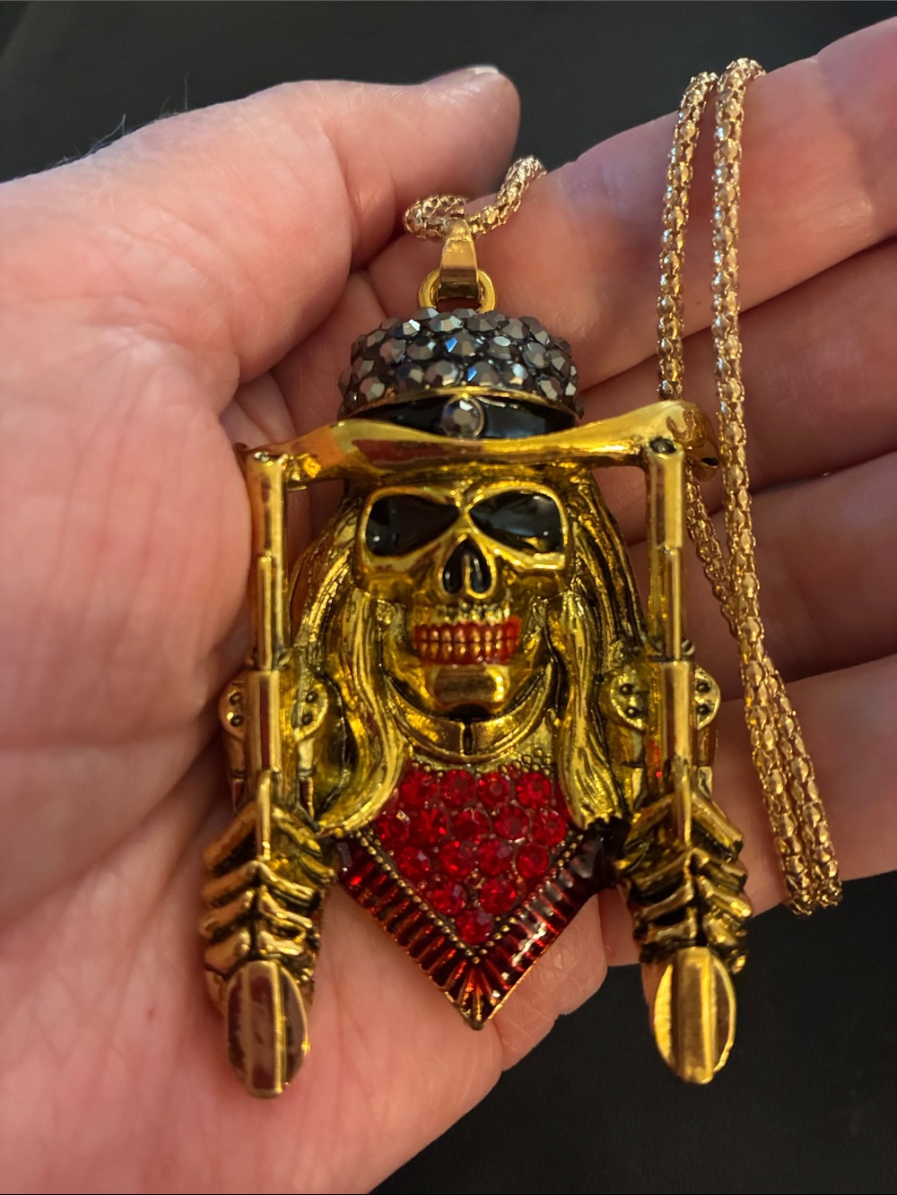Skull Pendant Necklace with Red Crystal Chest and Black Crystals On His Head - Picture 6 of 8